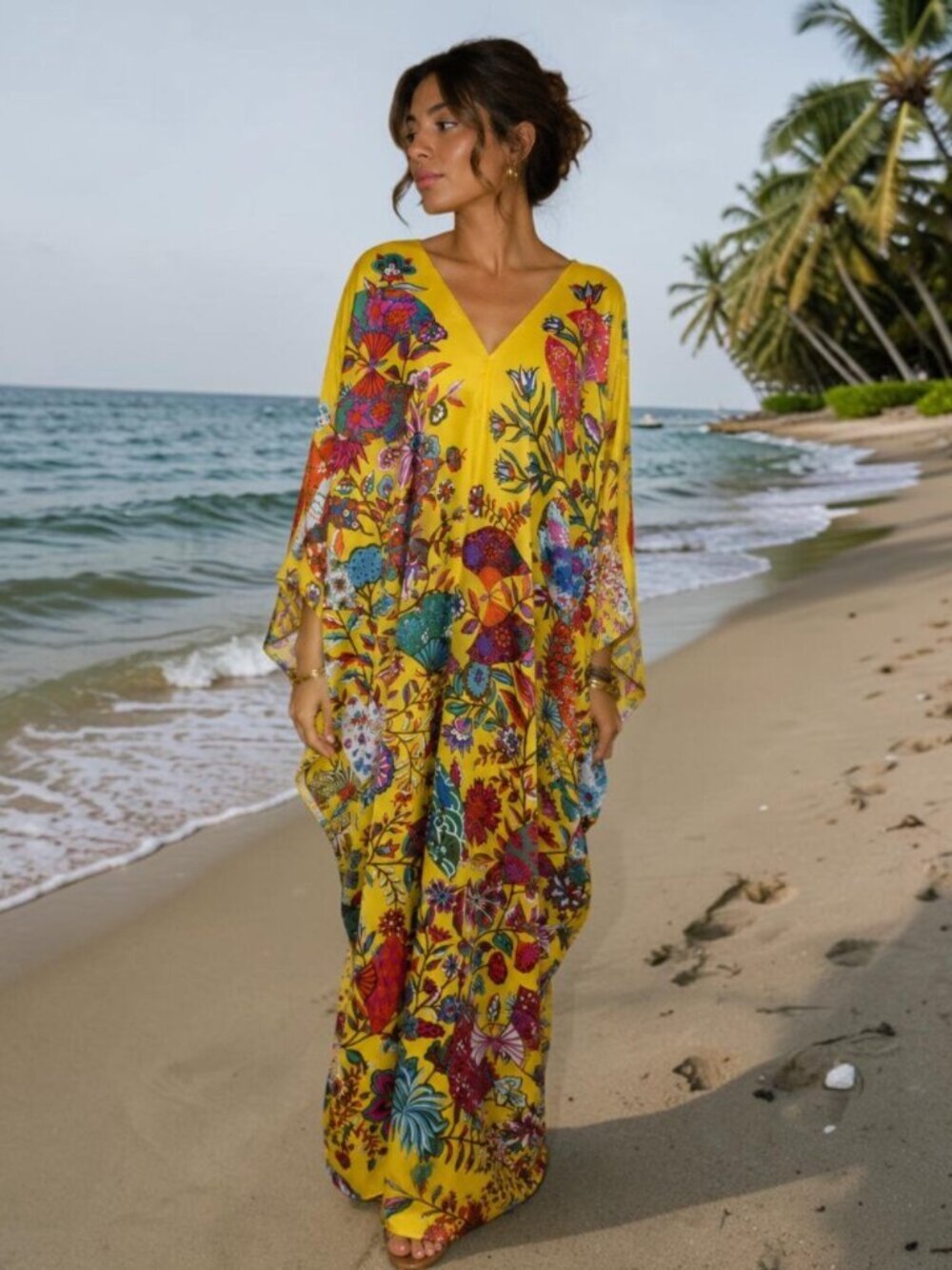 Vibrant Yellow Print Vacation Resort Wear Festival Satin Oriental Print Caftan